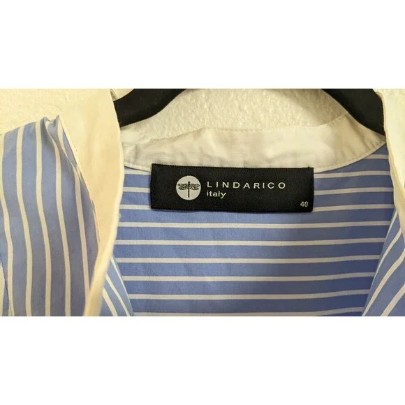 LINDARICO Blue/White Striped Cotton Blend Italian Midi Shirt Dress 40/US 4 - Picture 4 of 9